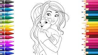 Барби | Рисуем Барби с кошкой | Учимся Рисовать Раскраски для Детей KidsColoring