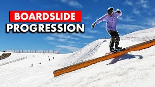 Front Boardslide Snowboard Trick Progression - Easy Boxes to Down Rails