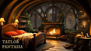 Cozy Hobbit Bedroom Autumn | Soothing Rain & Rolling Thunder Sounds for Relaxing | Fireplace ASMR🎐