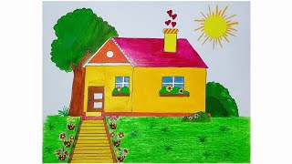 House drawing | house drawing easy with colour - beautiful house drawing easy step by step | Chitra