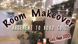 $100 ROOM MAKEOVER 😯✨  | BASEMENT TO BOHO BEDROOM TRANSFORMATION 🌸 | JUST JAILYN