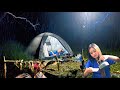 Camping in heavy rainstorm | catch and cook Frogs, Crabs,snails with wild veggies..