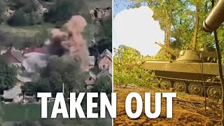 Ukrainian tank unit hiding deep in forest obliterates Russian mortar crew firing from village