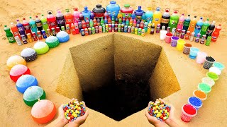 Experiment: Giant Mirinda, Fanta, Mtn Dew, Big Coca-Cola vs Mentos in Hexagonal hole Underground