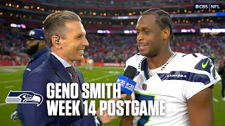 Geno Smith credits the offensive line and the run game in win over Cardinals.