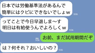 【LINE】仕事を舐めたDQN新入社員｢日本では簡単にクビにはできないでしょ？ｗ｣→どうせ解雇は出来ないとタカをくくっていたので今は試用期間だと伝えると…