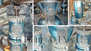 DIY Glam Metallic Blue High End Glam Vase \u0026 Dollar Tree Candle Holders | 2021 DIY Glam Décor Ideas!