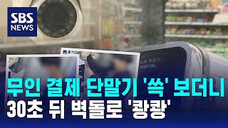 무인 결제 단말기 '쓱' 보더니…30초 뒤 벽돌로 '쾅쾅' / SBS