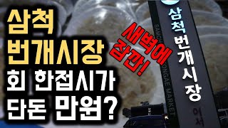 #15 삼척번개시장 에는 회한접시 만원 이고 새벽5시부터 개장 하는  시장을 투어해서 회를 싸게 사먹는 방법과 수산물을 저렴하게 살수 있는 시장인거 같애요 오후에는 장사 안해요