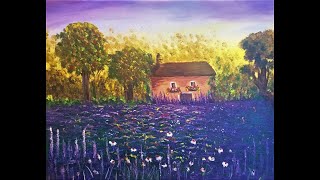 How to paint a House, sky and trees /Lavender Field/ Landscape Acrylic Painting/ step by step p1