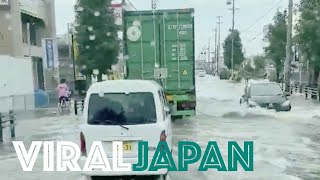 【愛知】ゲリラ豪雨で冠水した道路を走る車