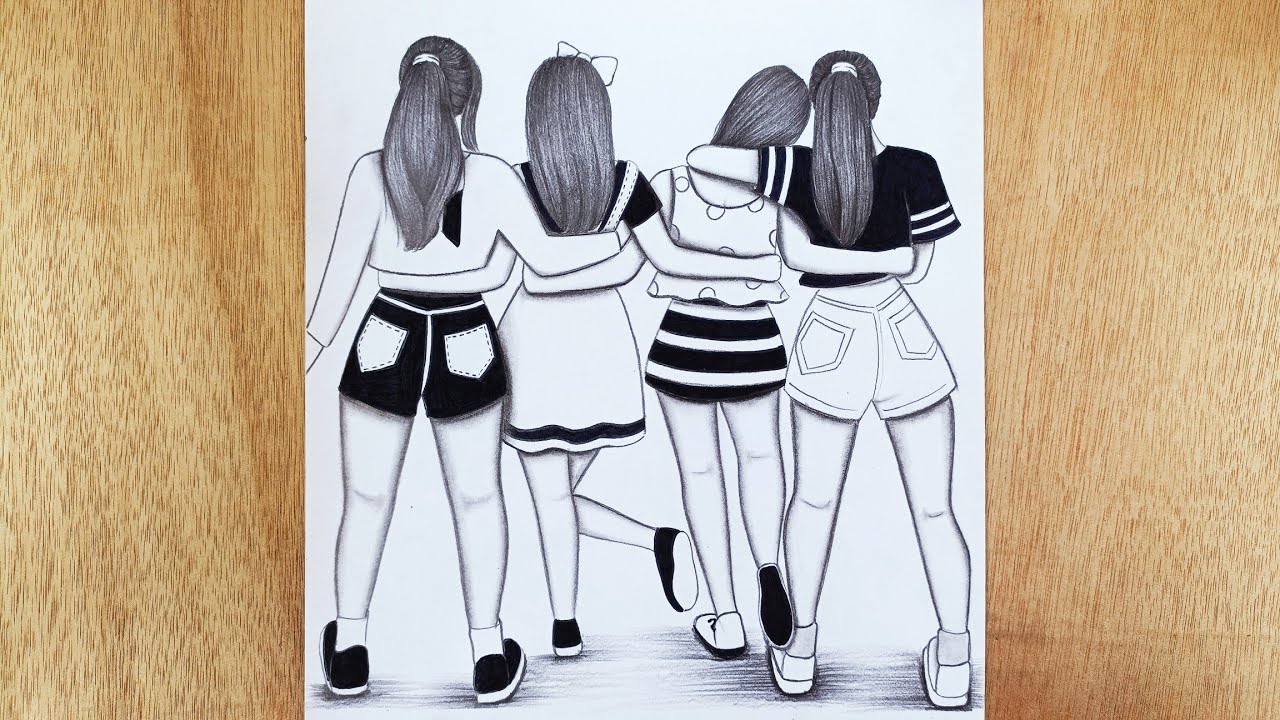 How To Draw Four Friends Hugging Each Other | Bff Drawing | Friends ...