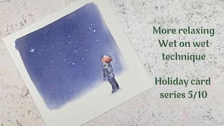 Watercolor Christmas card painting. Holiday card for watercolor beginners.