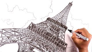 Dibuja la Torre Eiffel de París en Perspectiva desde la base