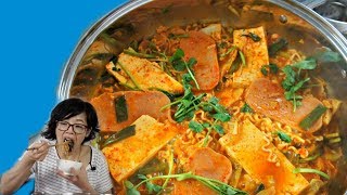 Budae Jjigae ARMY BASE STEW made with SPAM, instant ramen & American Cheese