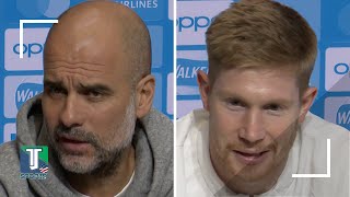 Pep Guardiola and Kevin De Bruyne TALK prior to the GAME between Man City and RB Leipzig in the UCL