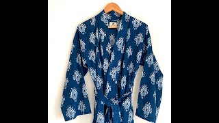 Womens Kimono Robe - Indigo white ikat print cotton