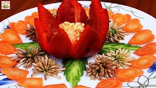 Beautiful Red Bell Pepper Flower & Carrot Hearts Carving Garnishes | Vegetable Garnish Decorations!