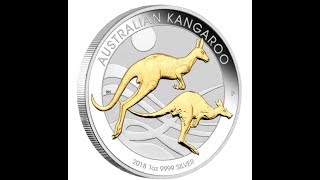 2018 Australia Kangaroo Silver Coin Gold Plated 1 oz Proof