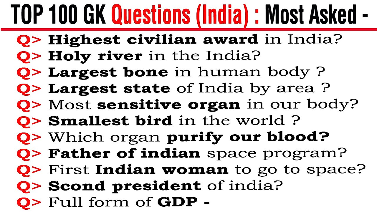 TOP 100 GK Questions And Answers | India GK Most Asked In Exams | Kids ...