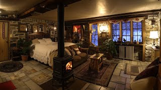 Cozy Rural Cottage, Stormy Night, Crackling Fireplace Burning Sounds for Relax Sleep,Cold Wind ASMR