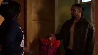 Eastenders Ravi gives Denise a bag of presents from Avani scene