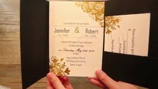 Black and gold glitter pocket wedding invitations