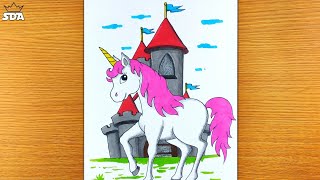 how to draw a unicorn and a castle step by step || how to draw a unicorn easy step by step