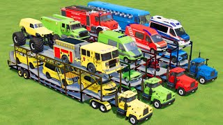 TRANSPORTING ALL POLICE CARS, AMBULANCE, FIRE \u0026 MONSTER TRUCK, BUS, COLORFUL CARS WITH TRUCK! - FS22