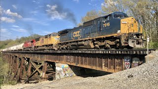 Stalled Train Needs 5 Locomotives To Make It Up The Hill, Manned Helper Shoving The Rear Over Bridge