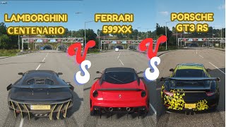 WILL FERRARI 599XX AND PORSCHE GT3 BEAT LAMBORGHINI CENENARIO ??