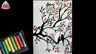 How to Draw Love Birds Scenery Drawing With Oil Pastels -  Step by Step  / Oil Pastel Drawing