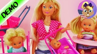 Steffi Love Baby World - Mom with three small children, Baby roller, baby chair, and tricycle