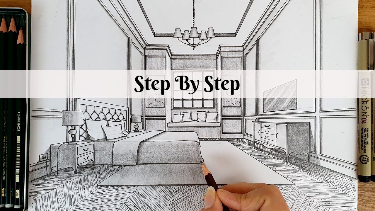 How To Draw A Bedroom In One Point Perspective | Step By Step - YouTube