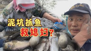 农民王小：徒手泥坑抓20斤精品鱼，媳妇竟然陷进鱼池，搞笑救援