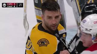 Patrice Bergeron did not like the hit by Pezzetta on Matt Grzelcyk