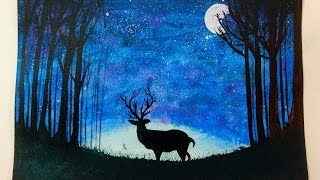Watercolor Painting | Starry Night In Forest (Time Lapse)
