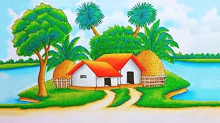 How to Draw a Beautiful Village Landscape Scenery Step by Step | Easy Oil Pastel Drawing Tutorial