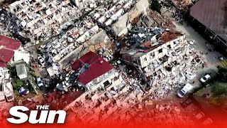 Drone footage shows devastation in Turkey following TWO earthquakes in 24 hours