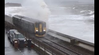 Class 150 2T14 - Storm Bert - Dawlish Sea Wall (Saturday)