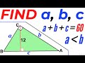 Find the Value of Triangle Sides a, b, & c if a+b+c=60 and a is less than b | Step-by-Step Tutorial