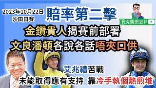 「金鑽貴人」揭賽前部署，文良潘頓各說各話唔夾口供，到時賽後任佢解話.../艾兆禮苦戰，未能取得應有支持，靠冷手執個熱煎堆...--《賠率第二擊》2023年10月22日沙田日賽