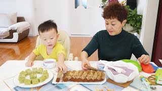 奶奶在家做“核桃枣糕”，松软香甜，搭配西蓝花鸡蛋糕，紫薯糊【小鸡嘎嘎香】