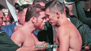 CANELO RUNS UP ON GOLOVKIN DURING WEIGH IN FACE OFF! BOTH GO NOSE TO NOSE IN HEATED WEIGH IN!