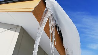 屋根雪落下と立派な氷柱とウサギの足跡