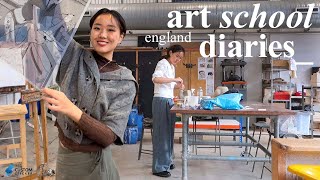 art school in england: silkscreen, ceramics, sketchbook, textile art