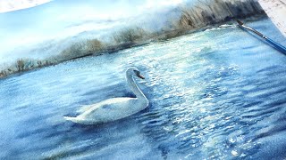 How To Paint A Swan On The Lake In Watercolor | Reflection Wave Painting