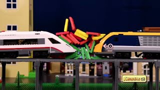 LEGO High Speed Passenger Train & Dominoes Multi Level Crash Fun | Kids video | LEGO | Kiddiestv