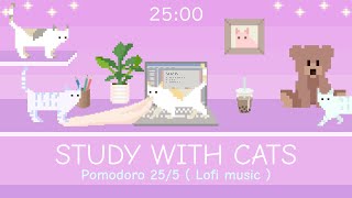 Study with Cats 🧸 Pomodoro Timer 25/5 x Animation | Relaxing study session with chill lofi bgm💜