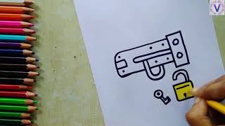 How to draw and colouring the lock and key for kids